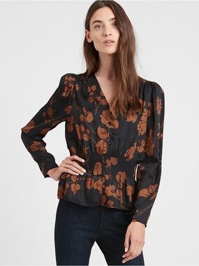 Banana Republic Black Blouse with Brown Floral Print